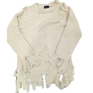 OLIA Distressed Knit Sweater Cream Cable Knit Fringe Grunge Distressed Size MED